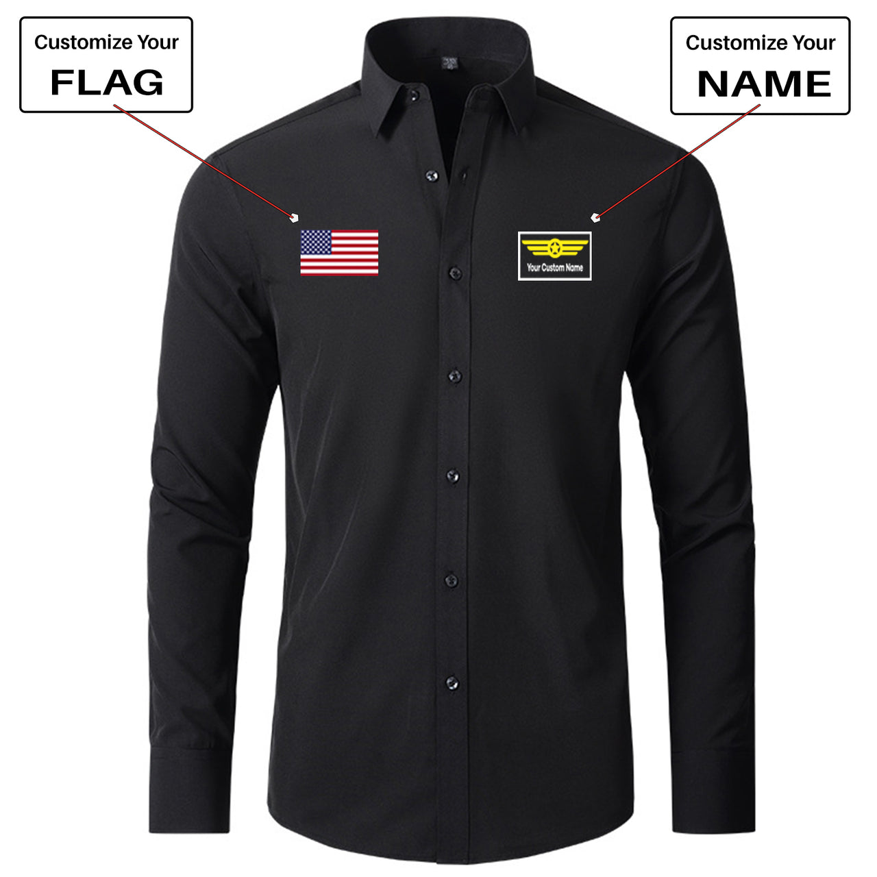 Custom Flag & Name "Badge 1" Long Sleeve Shirts