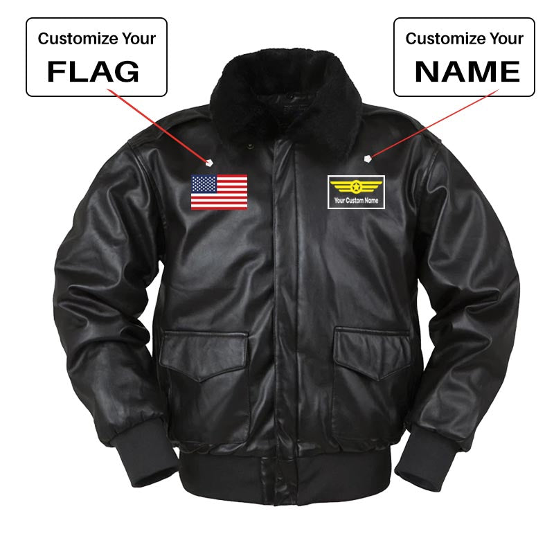 Custom Flag & Name with "Badge 1" Designed Leather Bomber Jackets