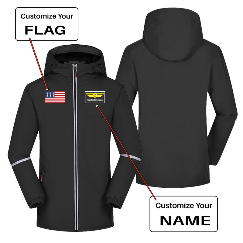 Custom Flag & Name with "Badge 1" Designed Rain Coats & Jackets