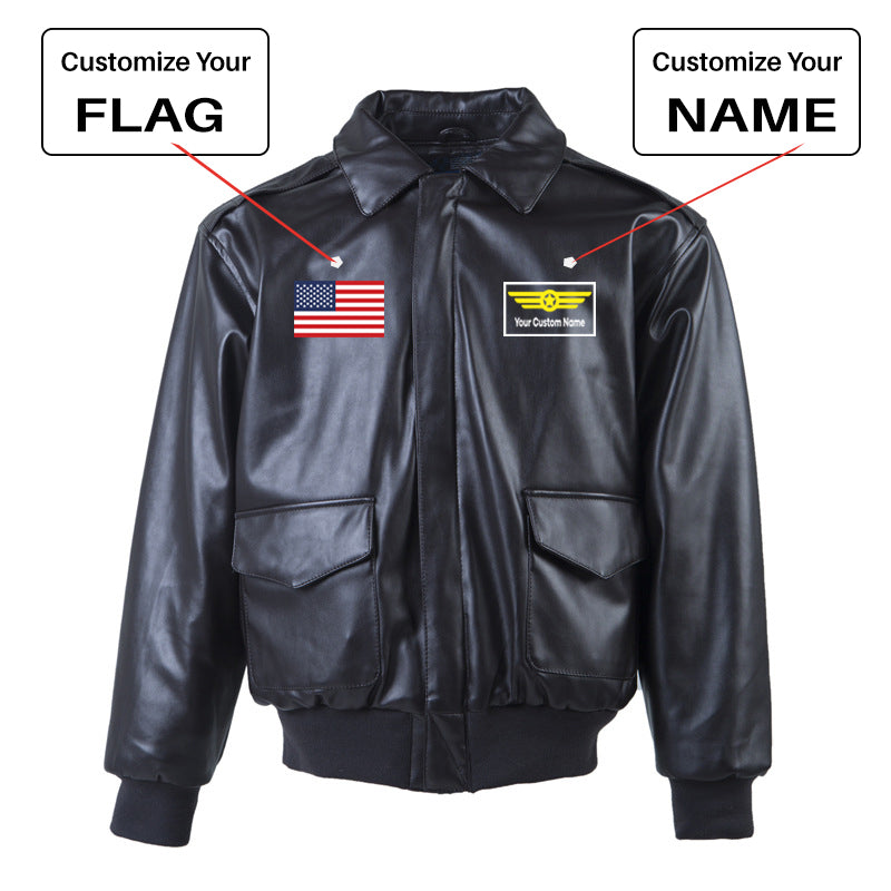 Custom Flag & Name with "Badge 1" Leather Bomber Jackets (NO Fur)