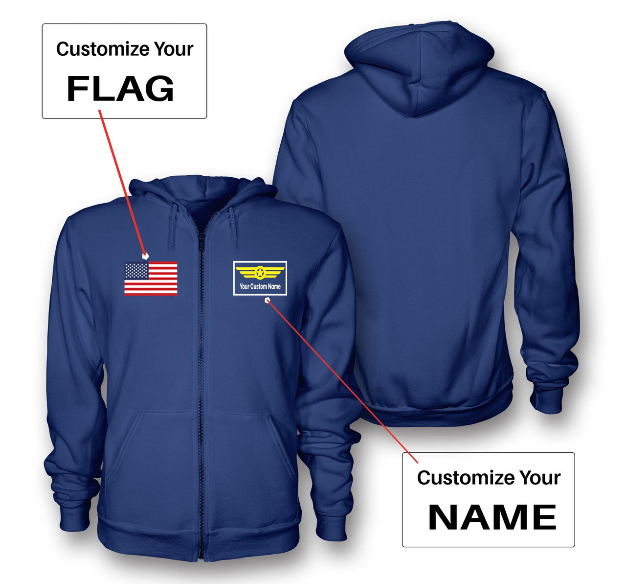 Custom Flag & Name with "Badge 1" Designed Zipped Hoodies