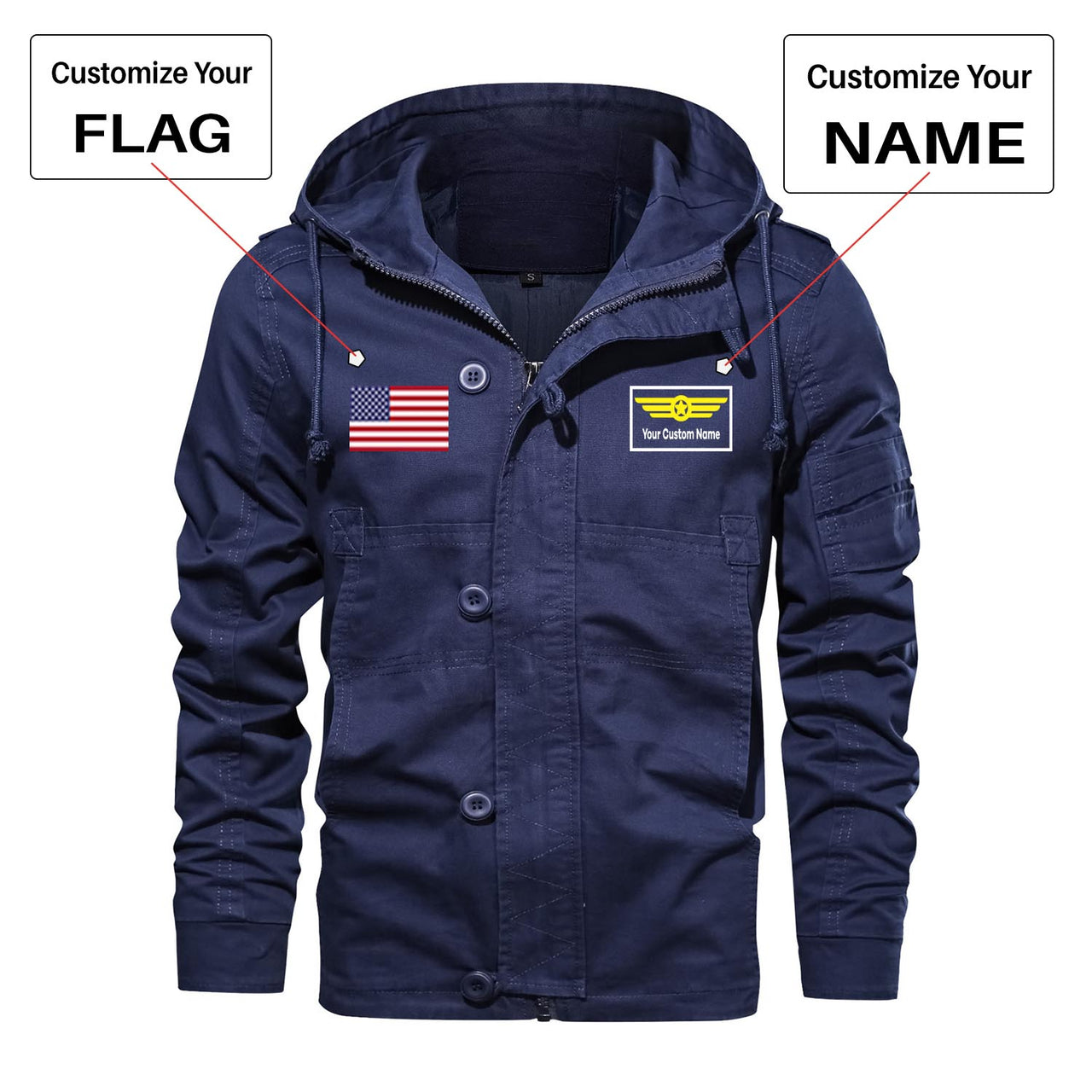 Custom Flag & Name "Badge 1" Designed Cotton Jackets