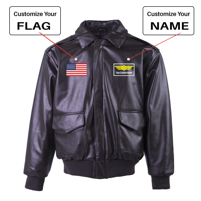Custom Flag & Name with "Badge 1" Leather Bomber Jackets (NO Fur)