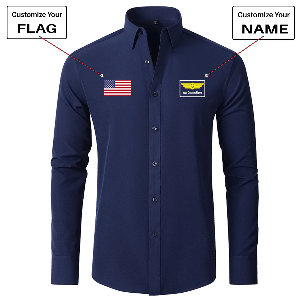 Custom Flag & Name "Badge 1" Long Sleeve Shirts