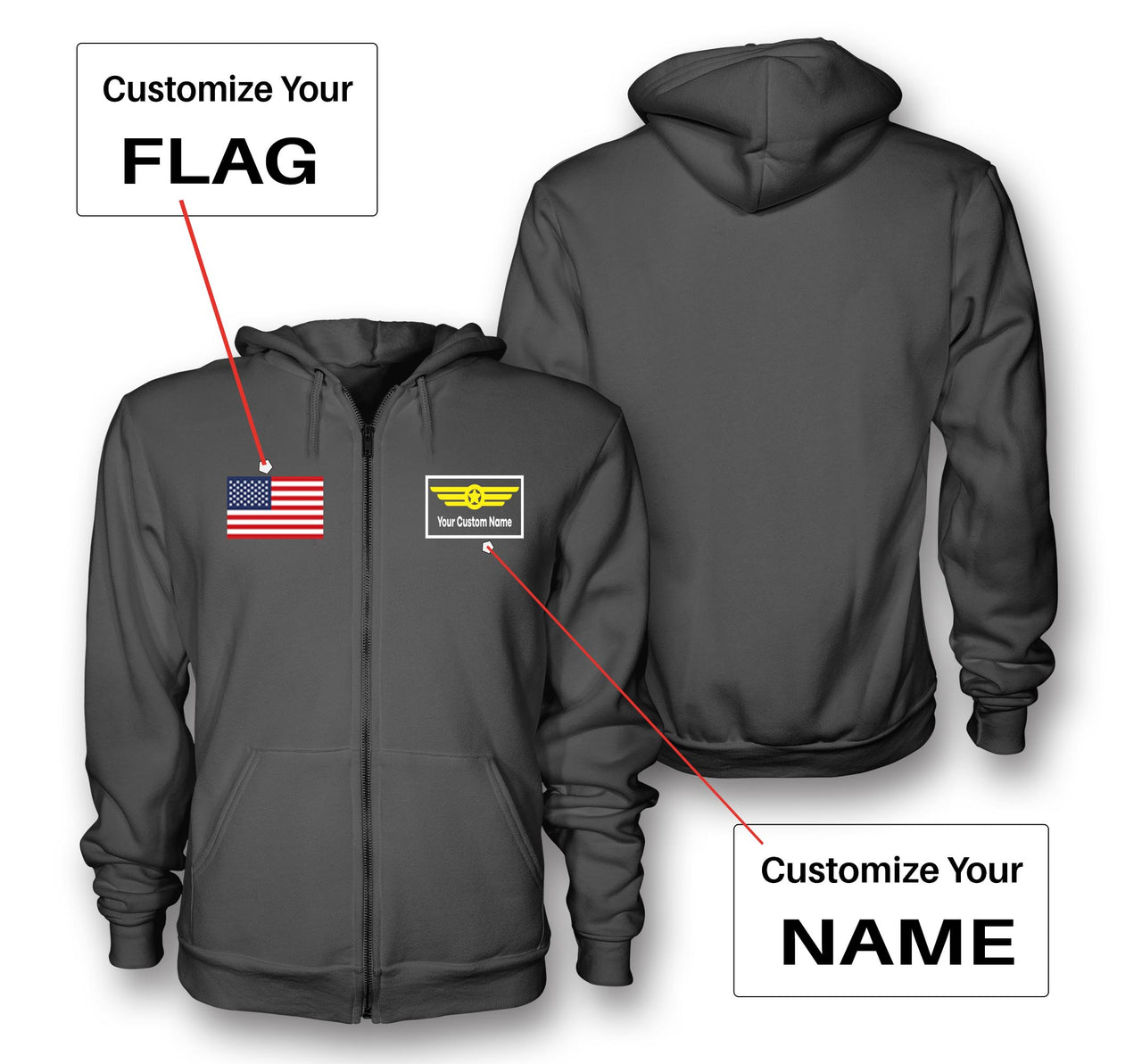 Custom Flag & Name with "Badge 1" Designed Zipped Hoodies
