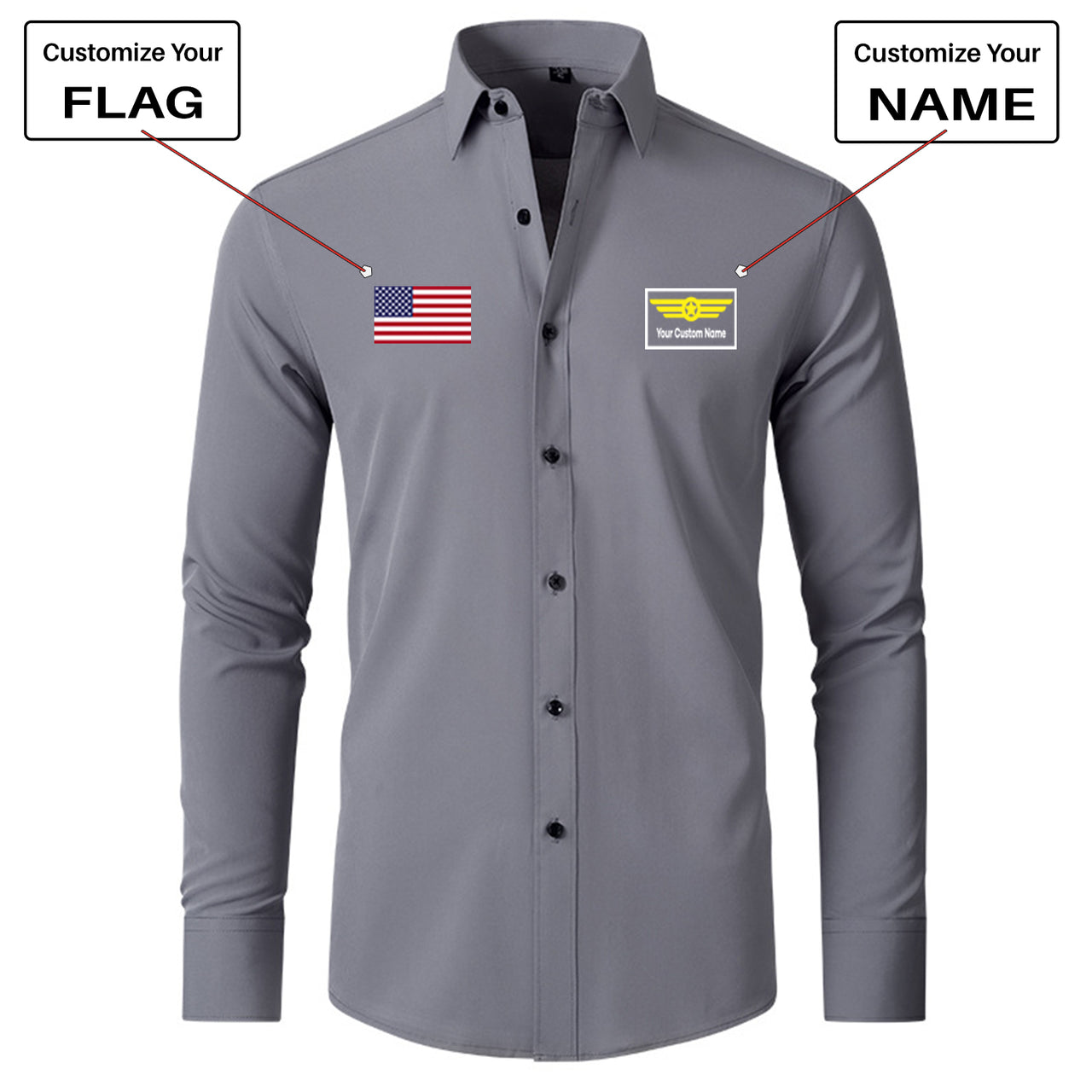 Custom Flag & Name "Badge 1" Long Sleeve Shirts