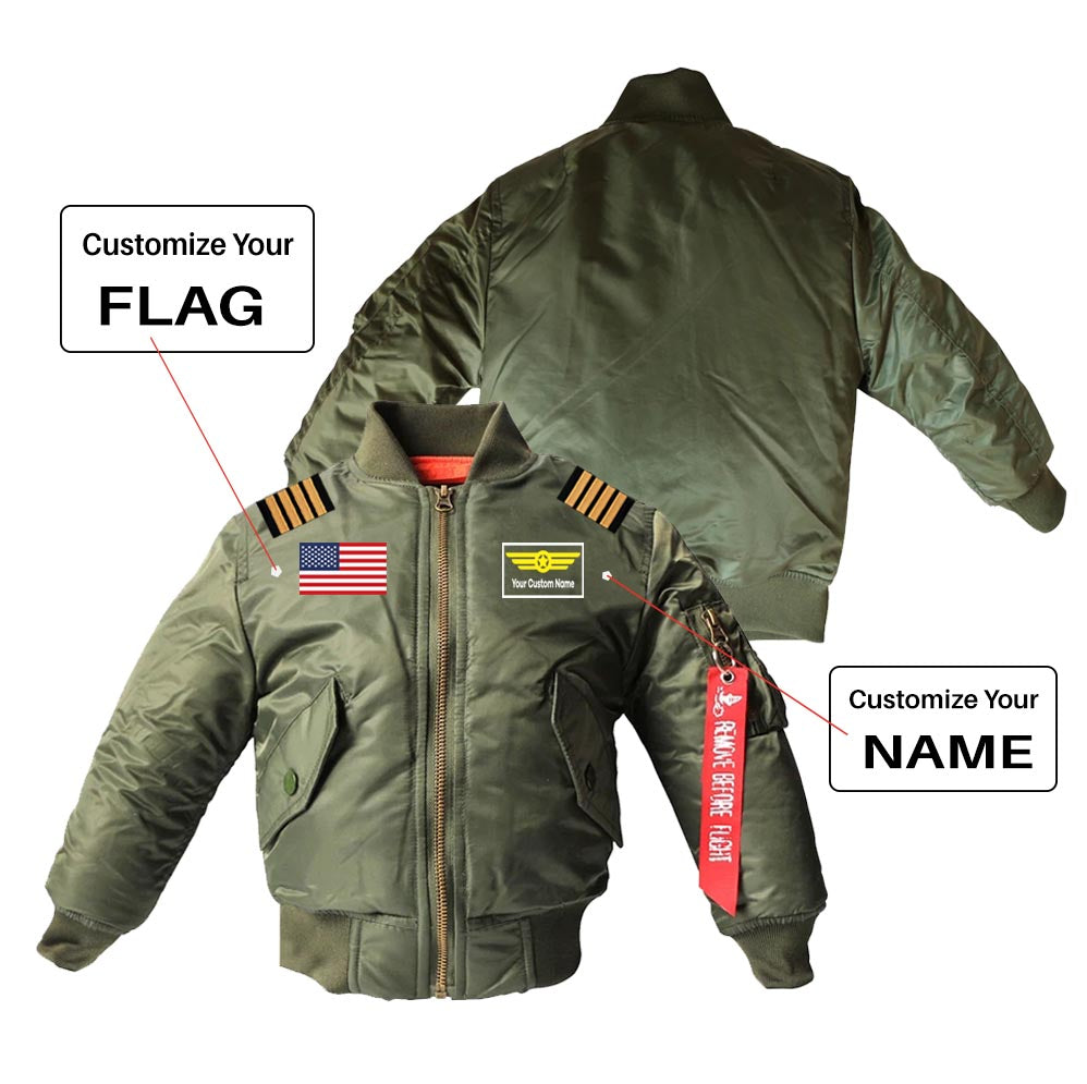 Custom Flag & Name "Badge 1" & Epaulettes Children Bomber Jackets