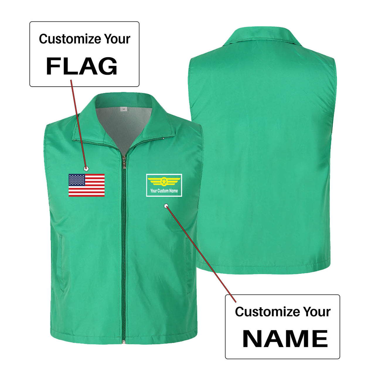 Custom Flag & Name with "Badge 1" Designed Thin Style Vests