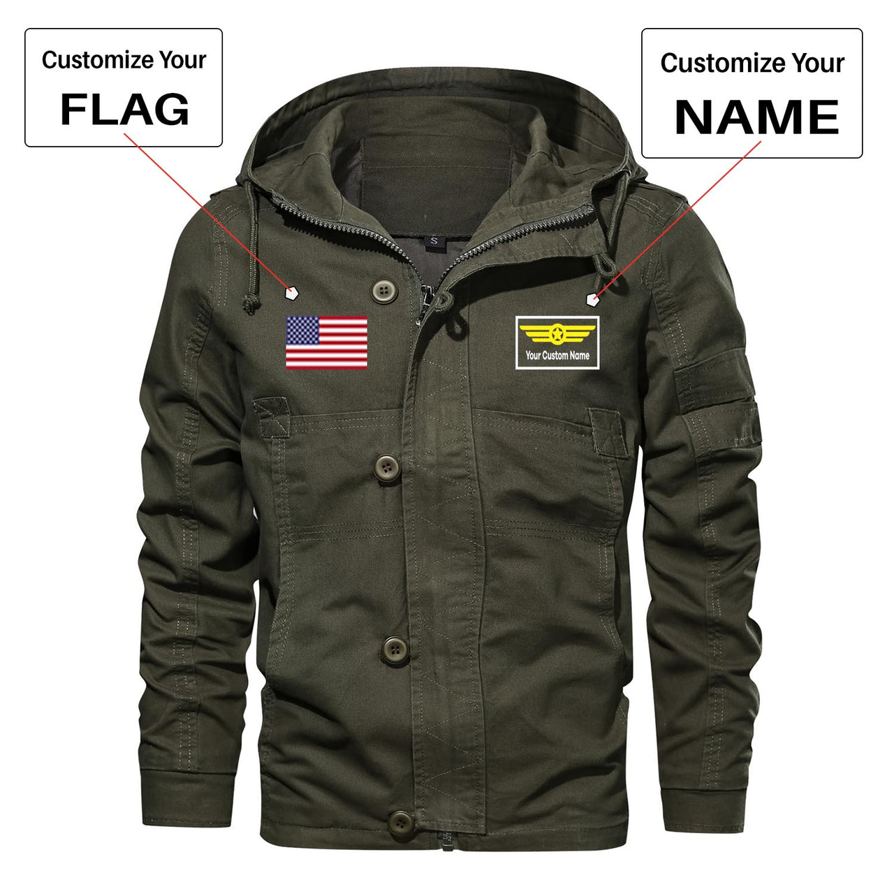 Custom Flag & Name "Badge 1" Designed Cotton Jackets
