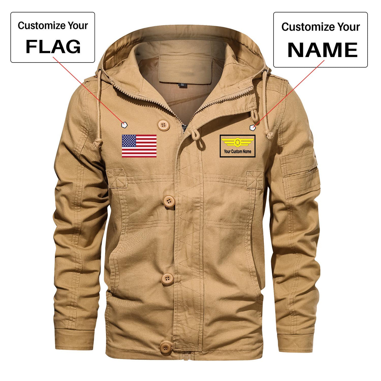 Custom Flag & Name "Badge 1" Designed Cotton Jackets
