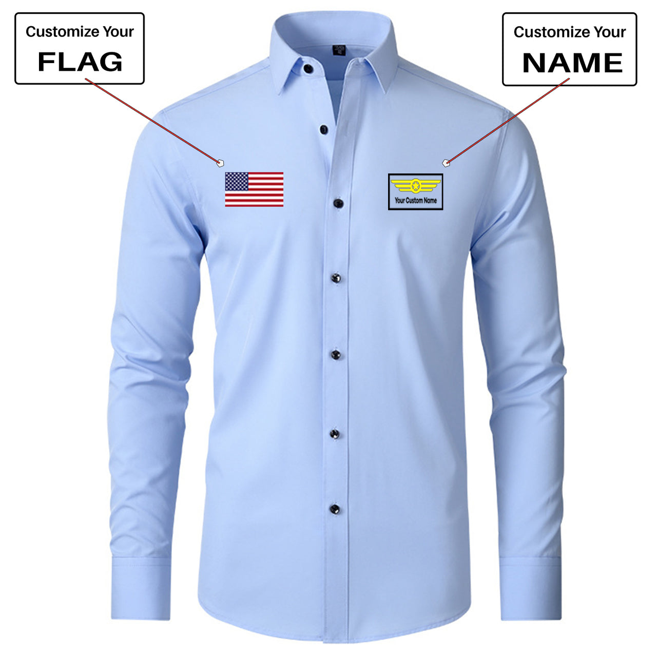 Custom Flag & Name "Badge 1" Long Sleeve Shirts