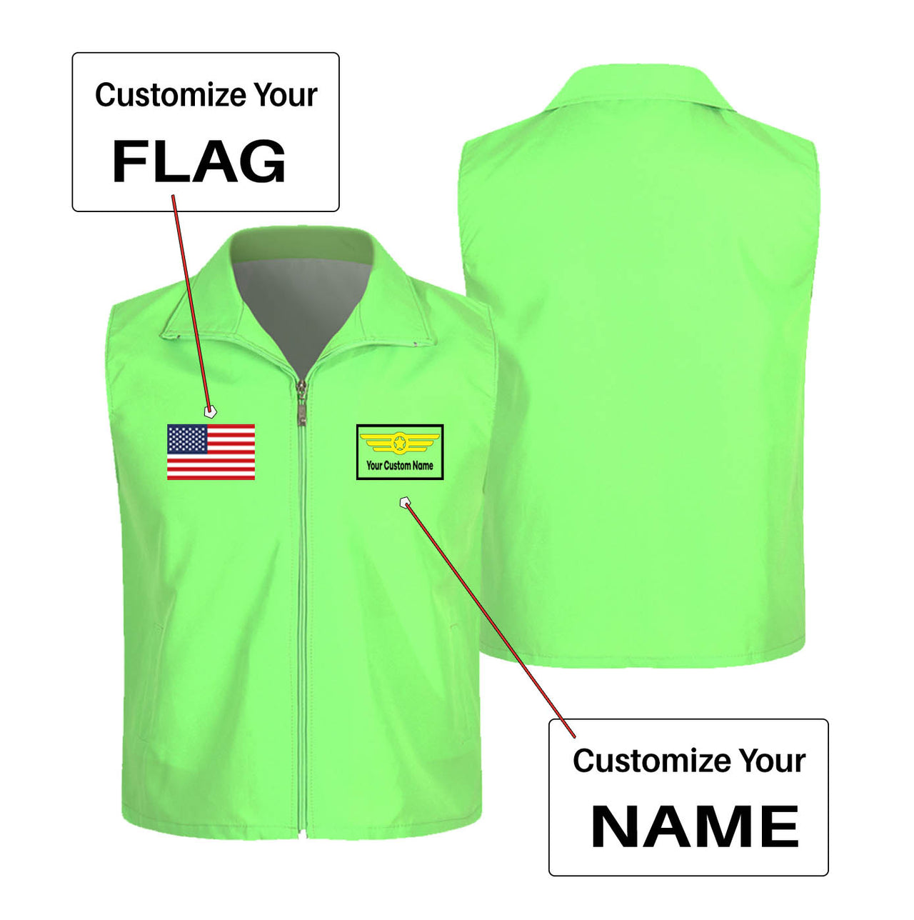 Custom Flag & Name with "Badge 1" Designed Thin Style Vests