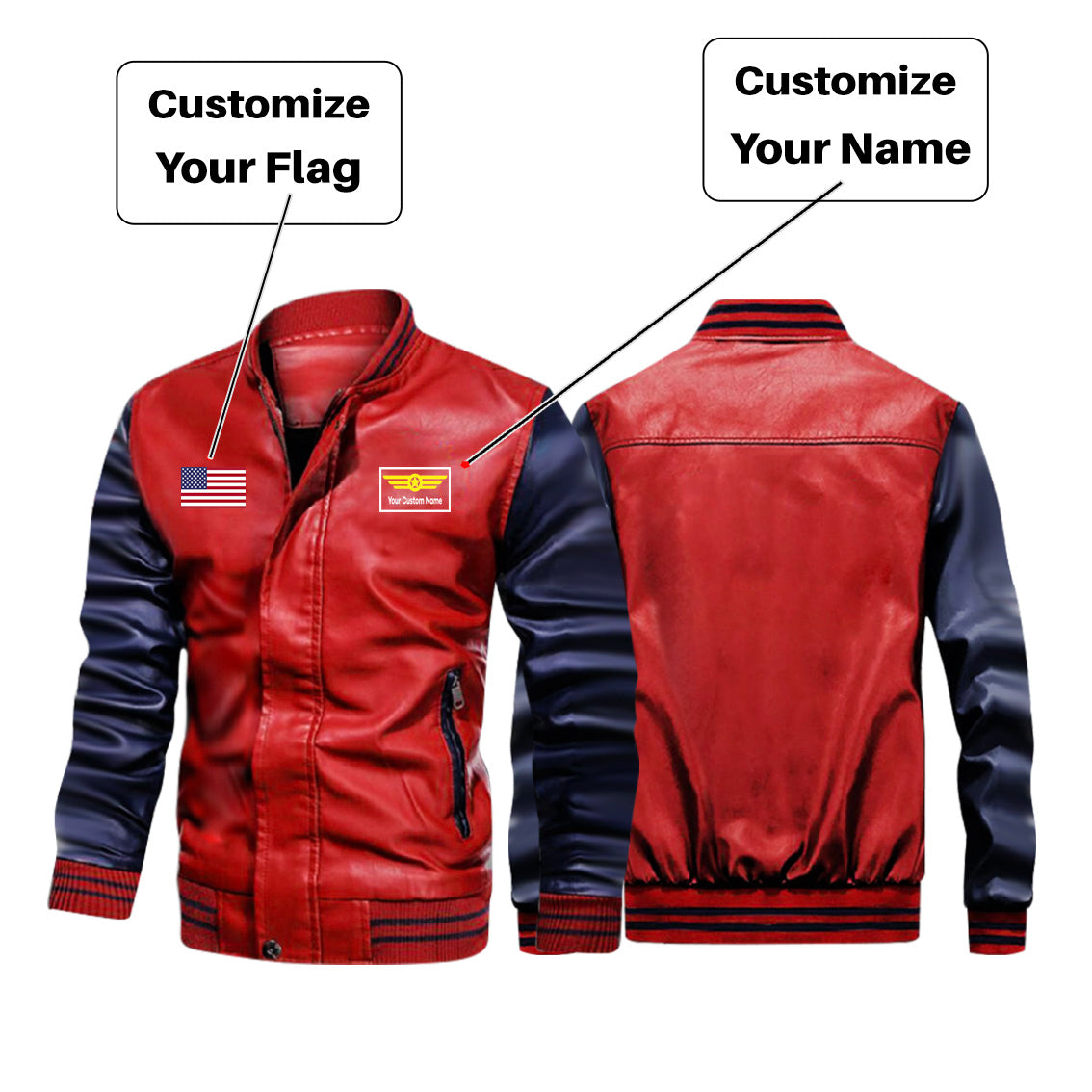 Custom Flag & Name "Badge 1" Stylish Leather Bomber Jackets