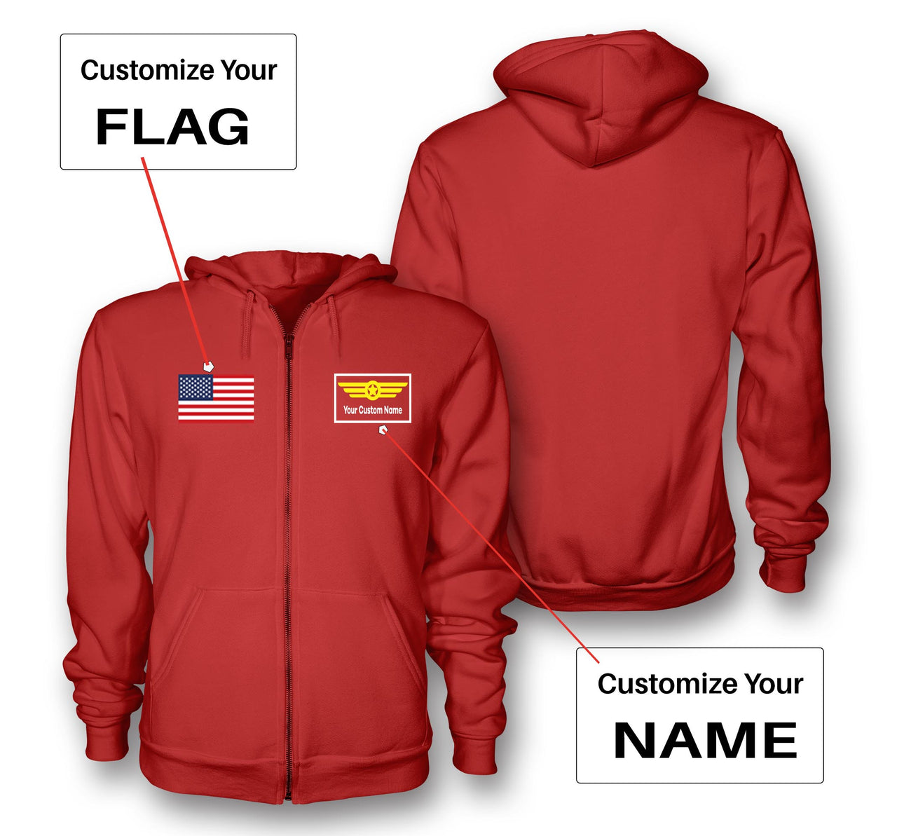 Custom Flag & Name with "Badge 1" Designed Zipped Hoodies