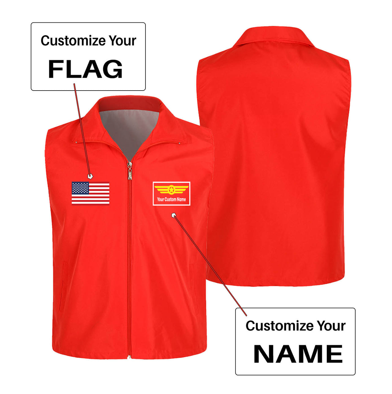 Custom Flag & Name with "Badge 1" Designed Thin Style Vests