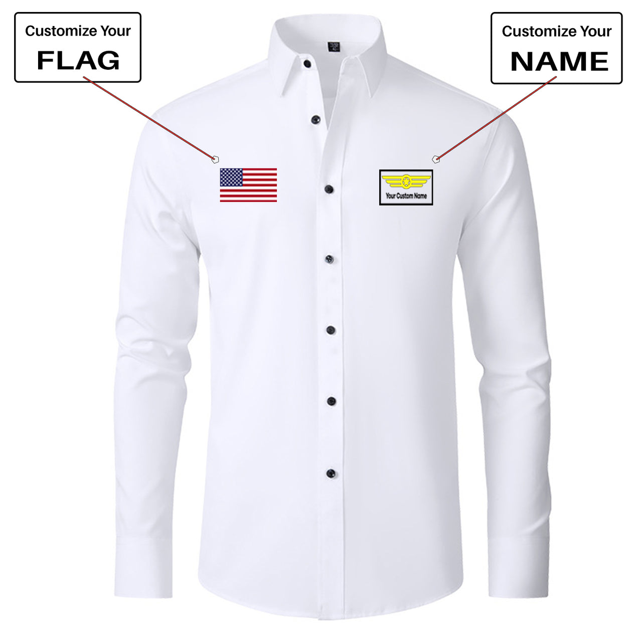 Custom Flag & Name "Badge 1" Long Sleeve Shirts