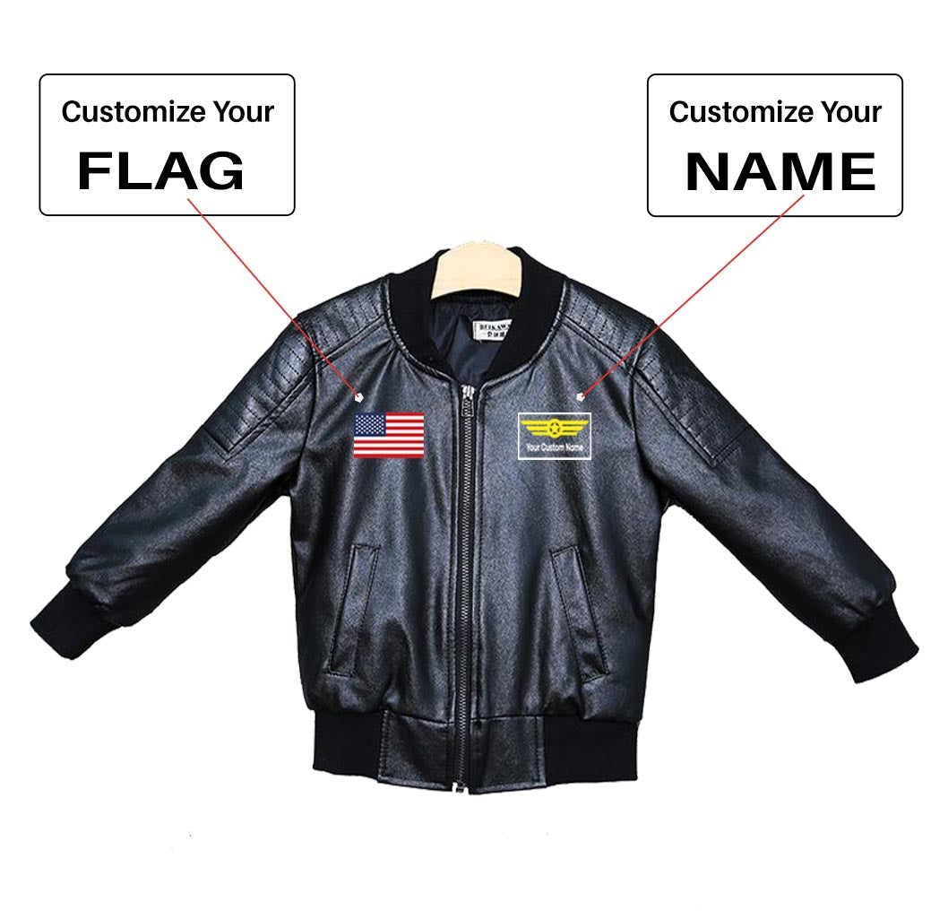 Custom Flag & Name with "Badge 1" Children Leather Jackets