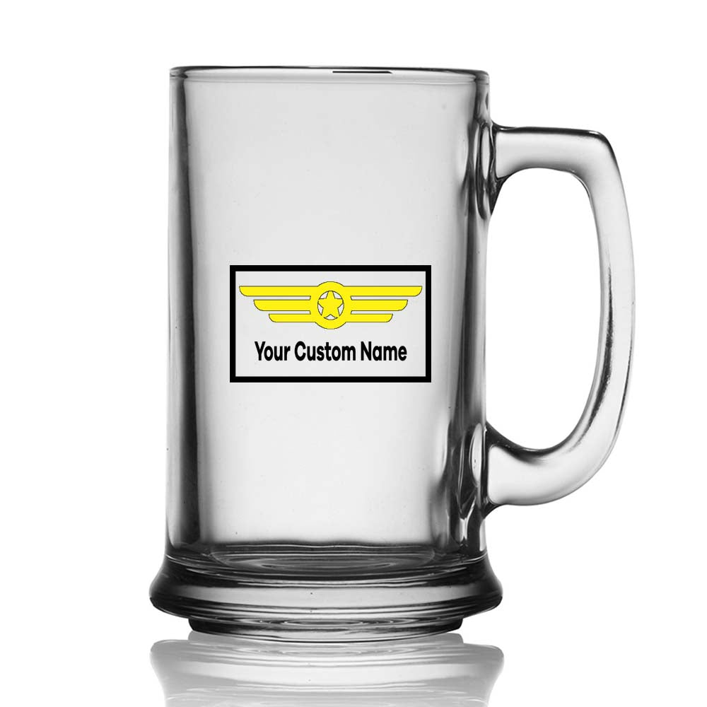 Custom Name "Badge 1" Designed Beer Glass with Holder