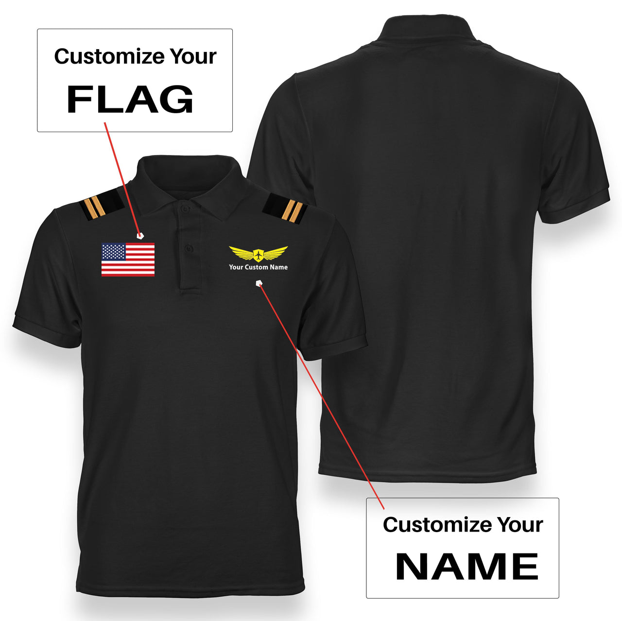 Custom Flag & Name (Badge 2) + Epaulettes Designed Polo T-Shirts