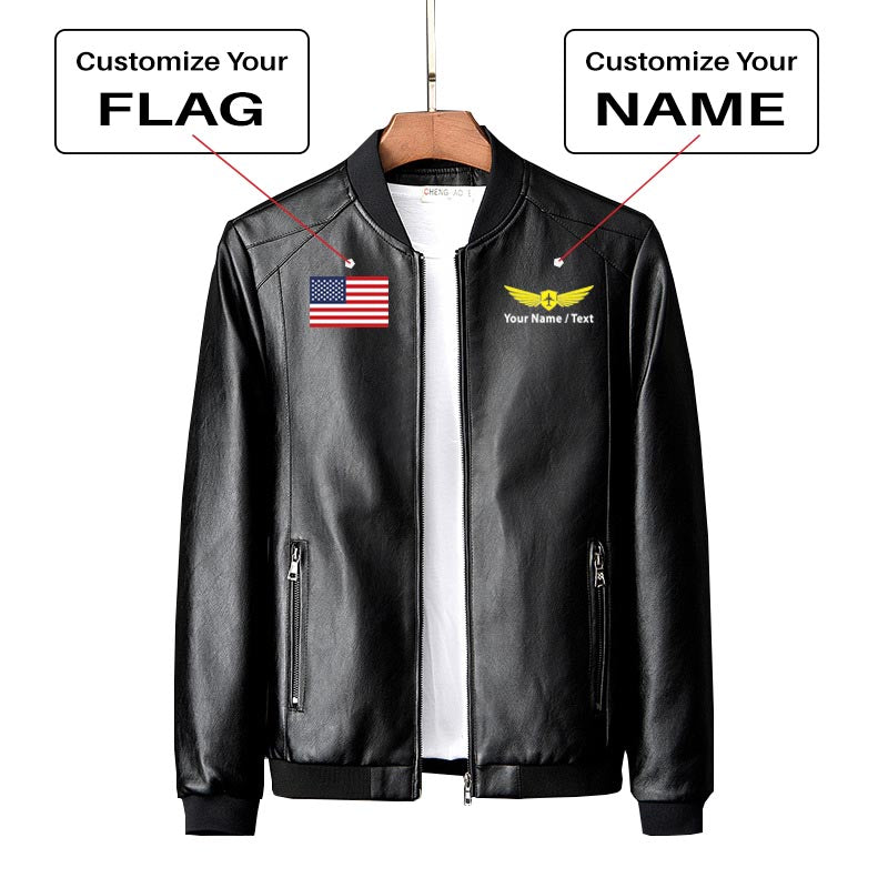 Custom Flag & Name with "Badge 2" Designed PU Leather Jackets