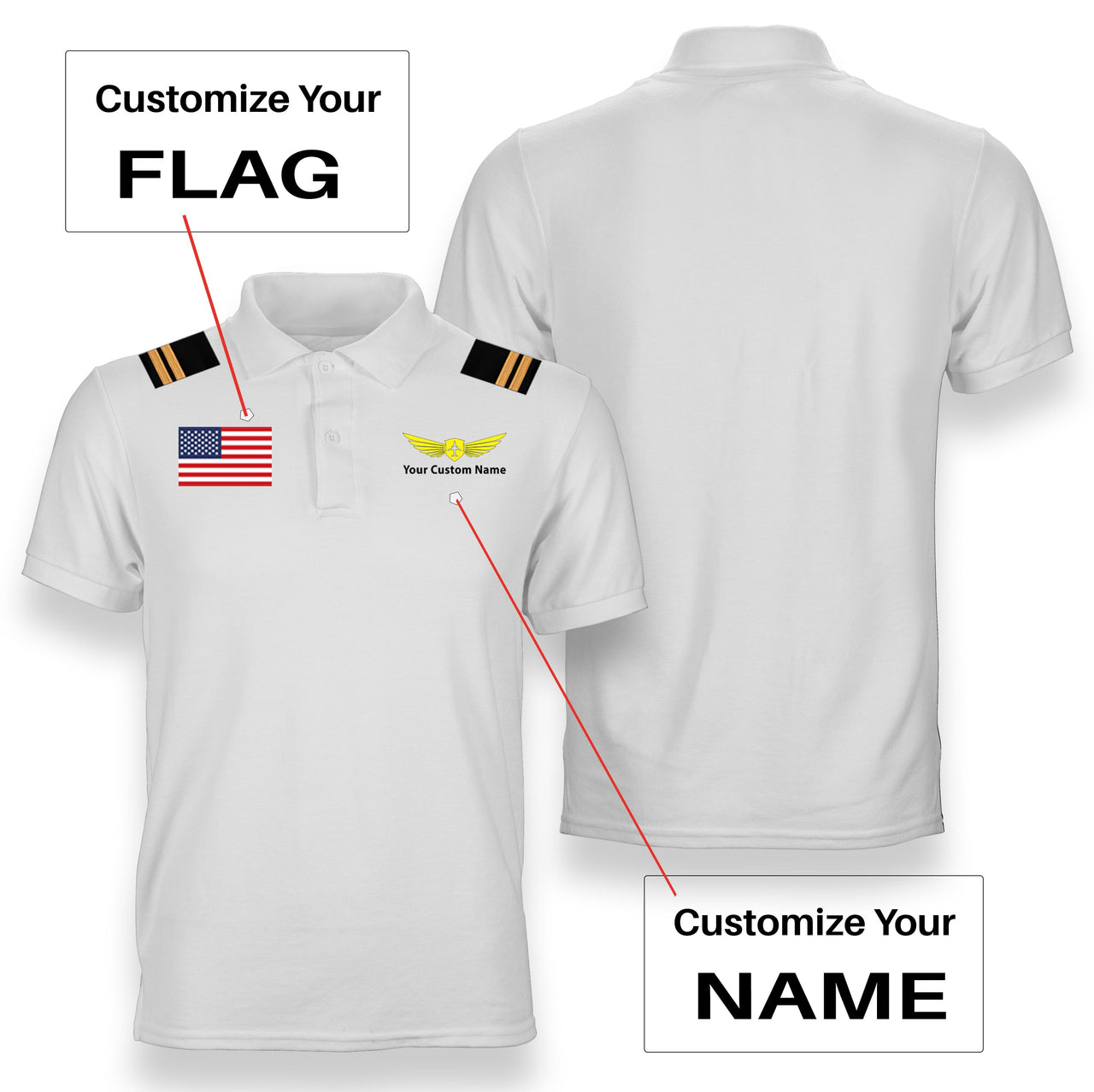 Custom Flag & Name (Badge 2) + Epaulettes Designed Polo T-Shirts