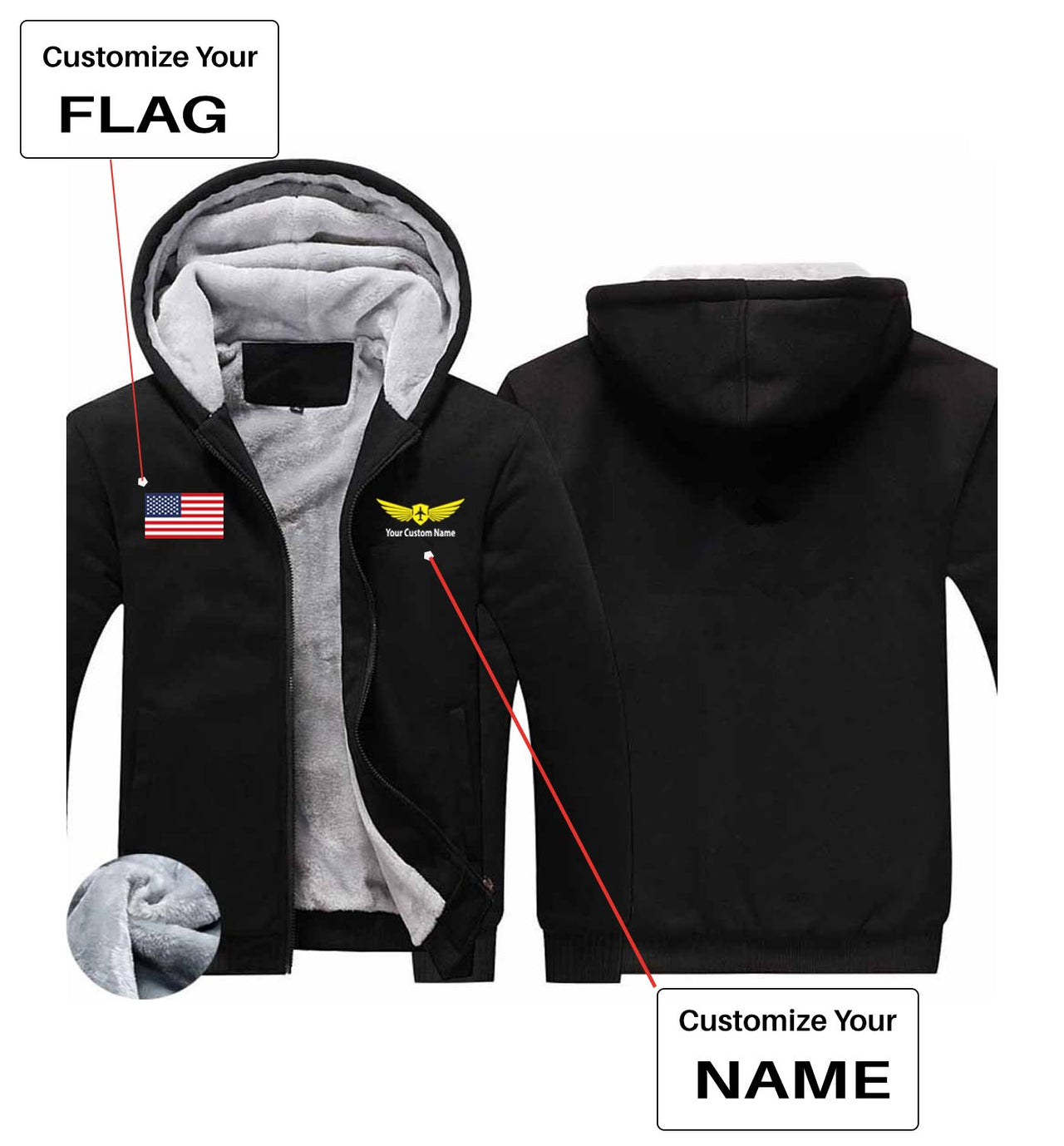 Your Custom Name & Flag (Badge 2) Designed Zipped Sweatshirts