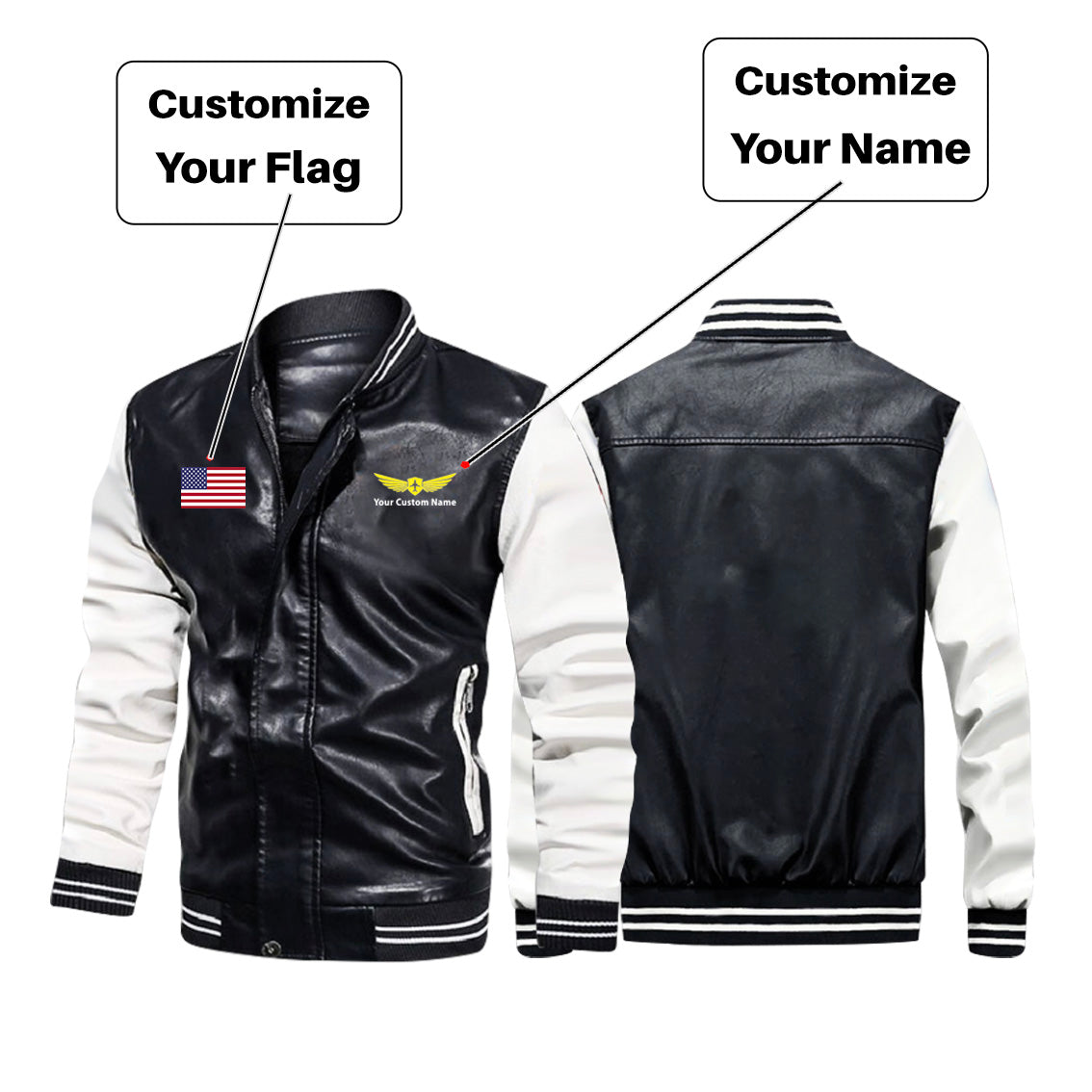 Custom Flag & Name "Badge 2" Stylish Leather Bomber Jackets