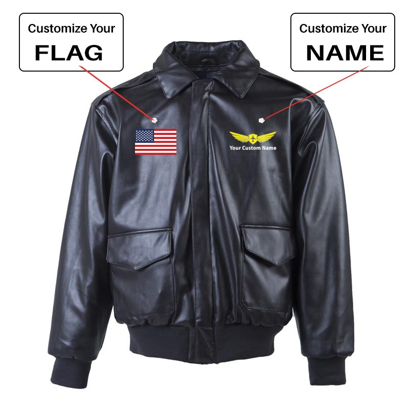Custom Flag & Name with "Badge 2" Leather Bomber Jackets (NO Fur)