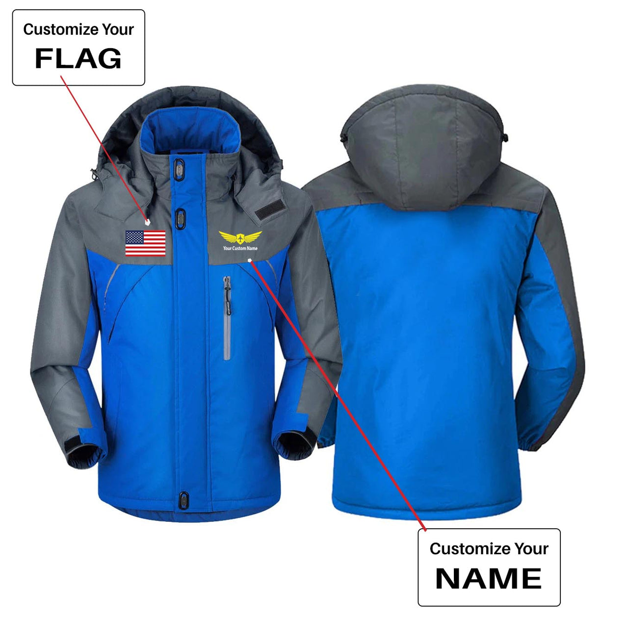 Custom Flag & Name with "Badge 2" Designed Thick Winter Jackets