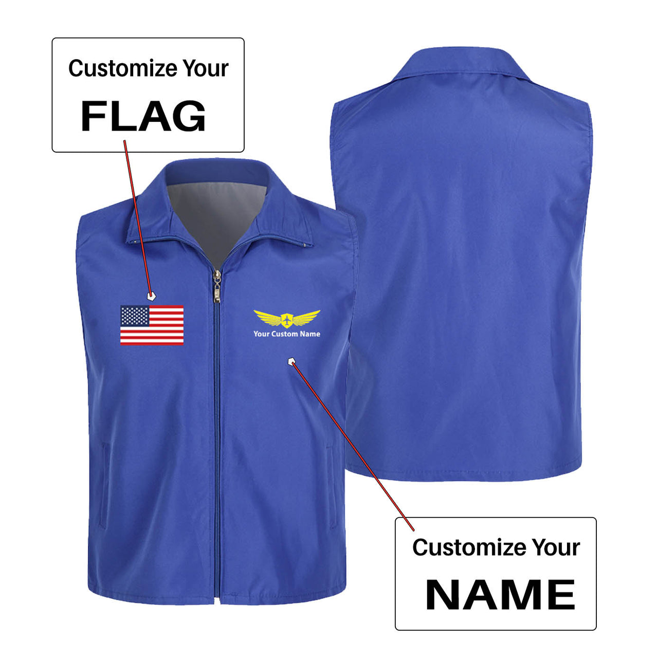 Custom Flag & Name with "Badge 2" Designed Thin Style Vests