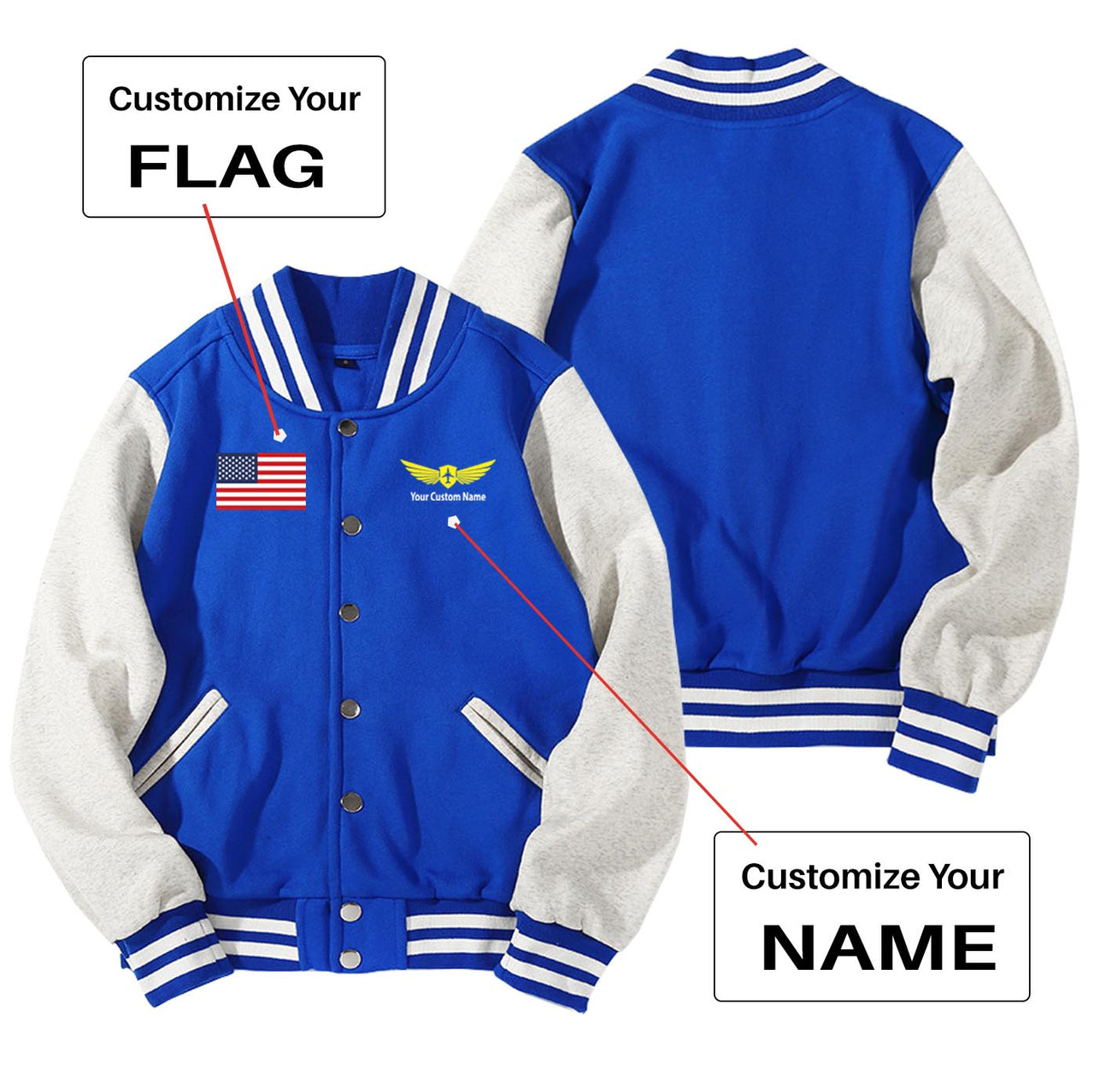 Custom Flag & Name with "Badge 2" Designed Baseball Style Jackets