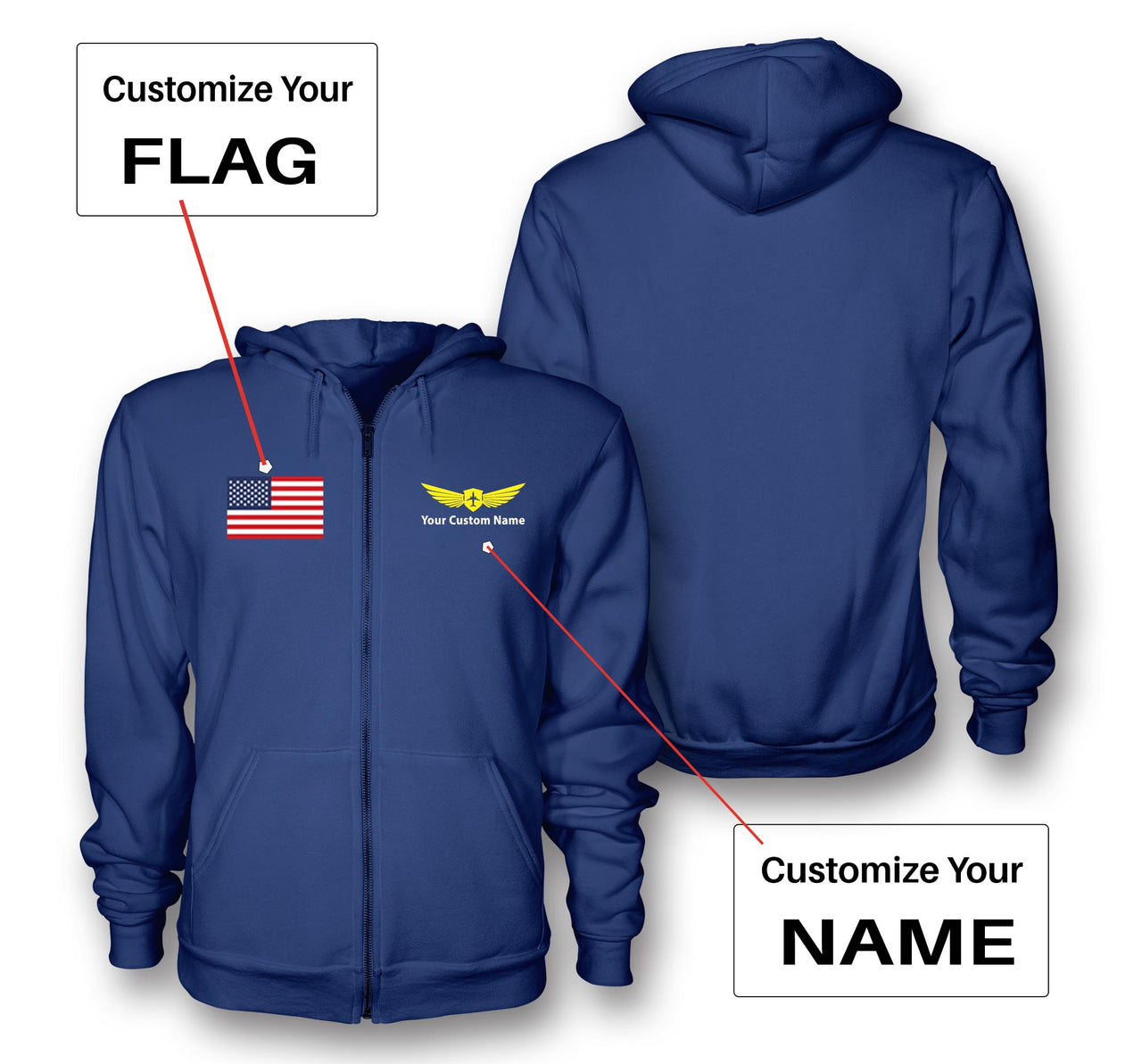 Custom Flag & Name with "Badge 2" Designed Zipped Hoodies