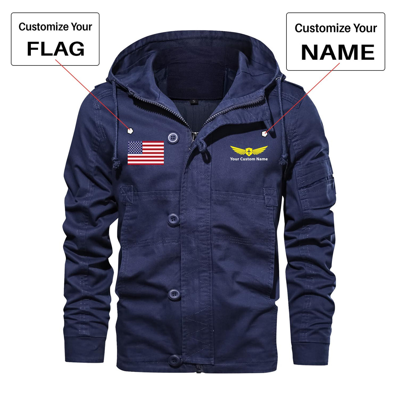 Custom Flag & Name "Badge 2" Designed Cotton Jackets