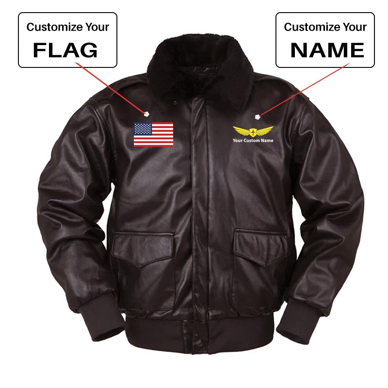 Custom Flag & Name with "Badge 2" Designed Leather Bomber Jackets