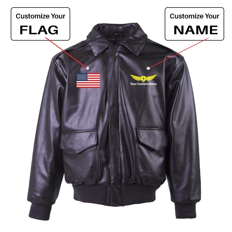 Custom Flag & Name with "Badge 2" Leather Bomber Jackets (NO Fur)