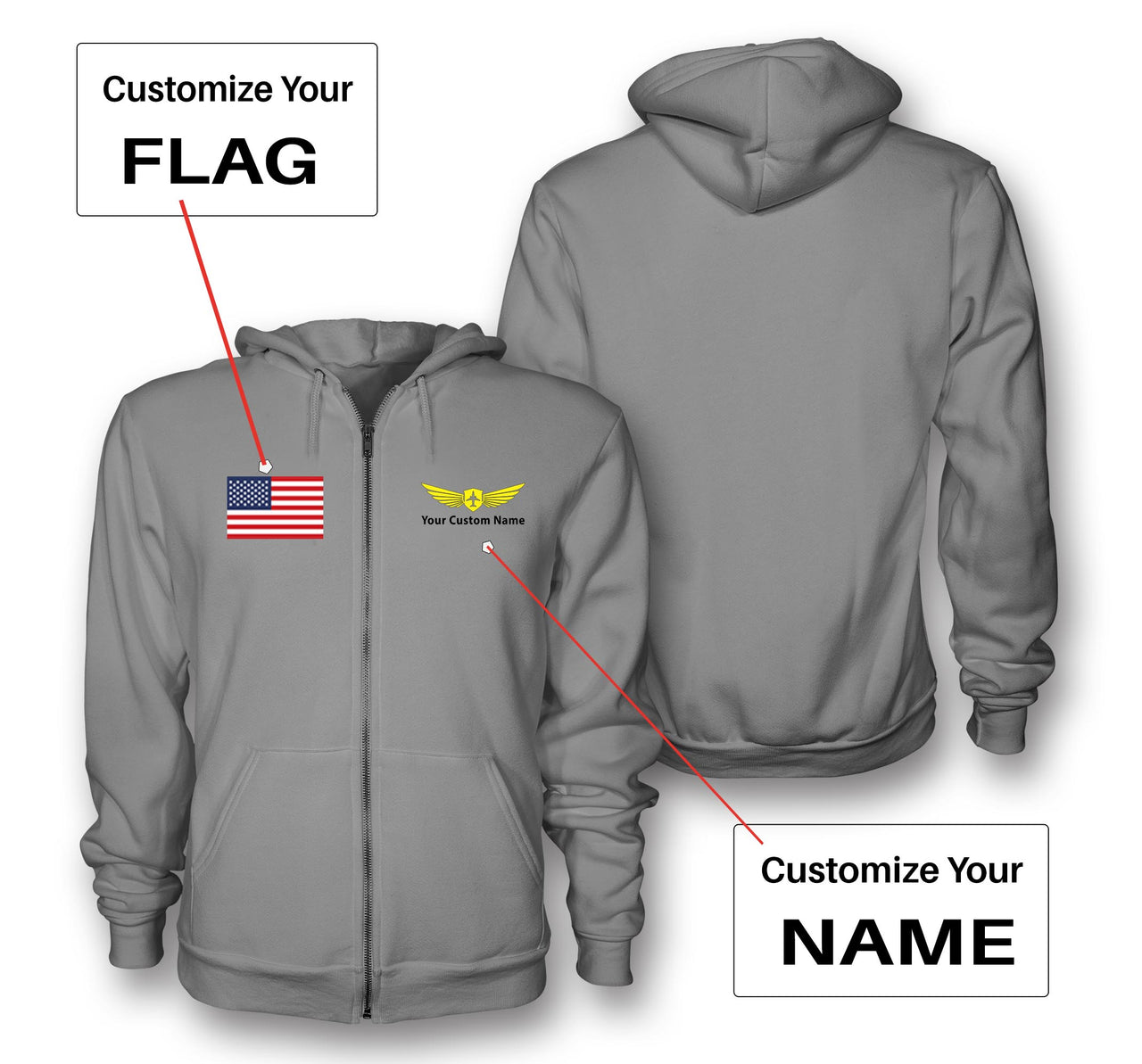Custom Flag & Name with "Badge 2" Designed Zipped Hoodies