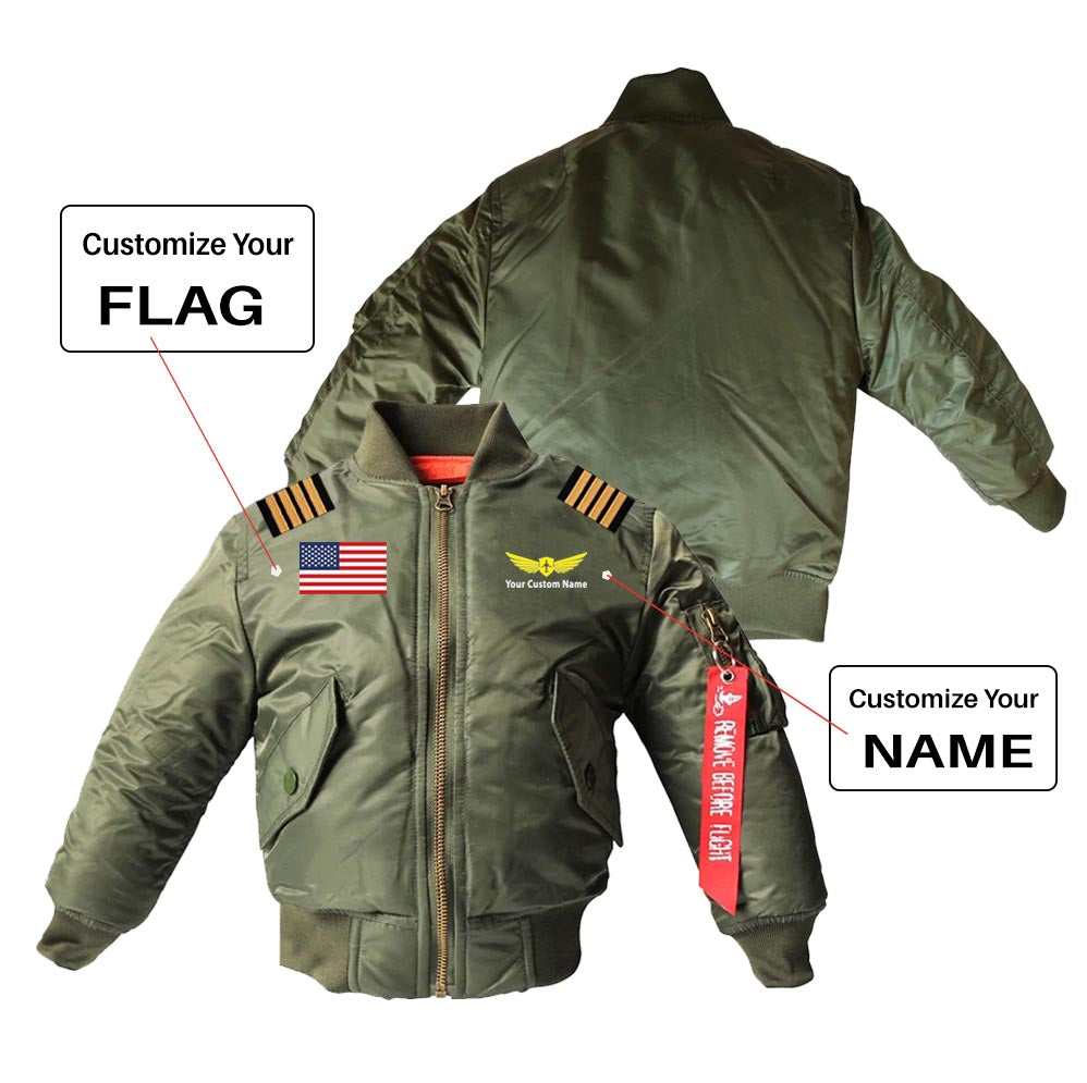 Custom Flag & Name "Badge 2" & Epaulettes Children Bomber Jackets