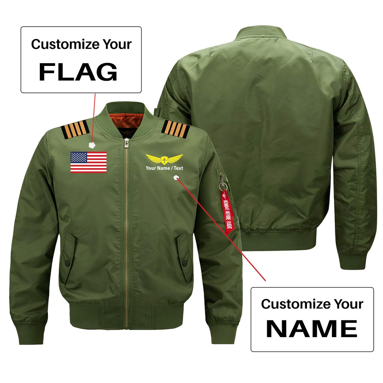 Custom Flag & Name with EPAULETTES (Badge 2) Designed Pilot Jackets
