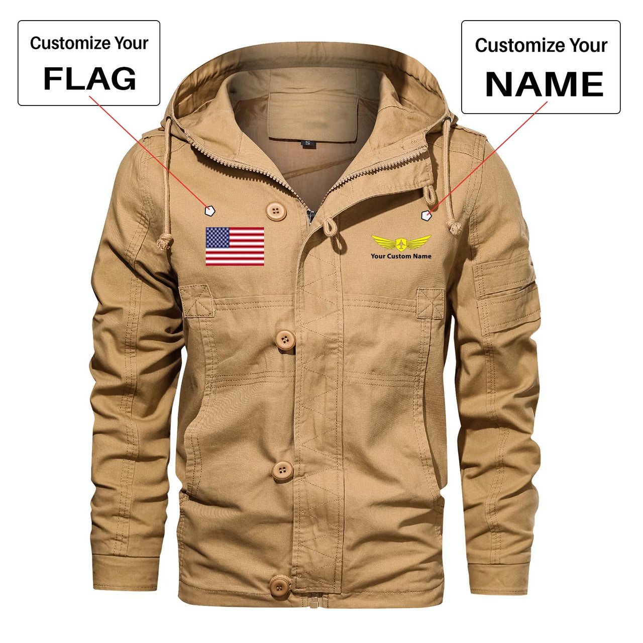Custom Flag & Name "Badge 2" Designed Cotton Jackets