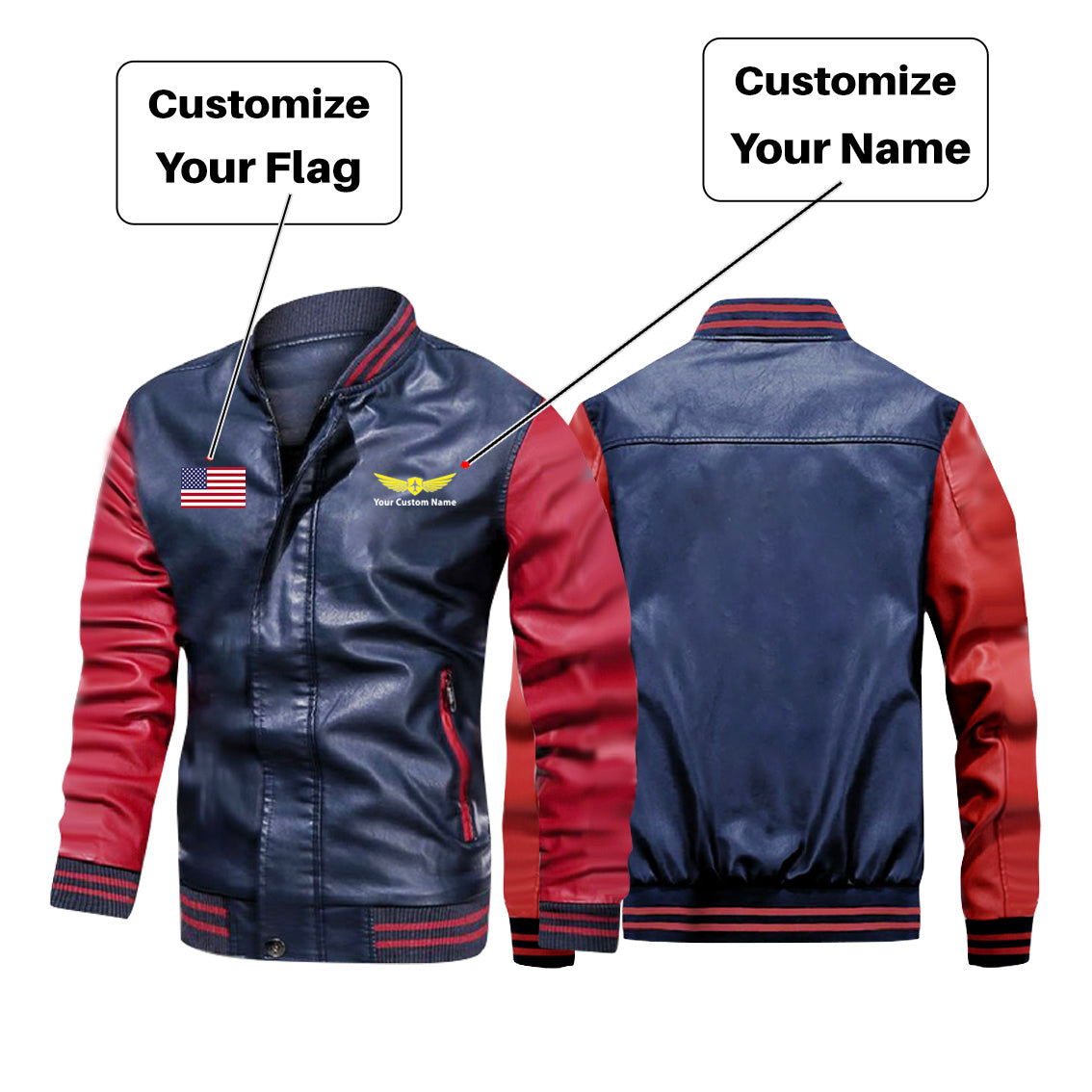 Custom Flag & Name "Badge 2" Stylish Leather Bomber Jackets