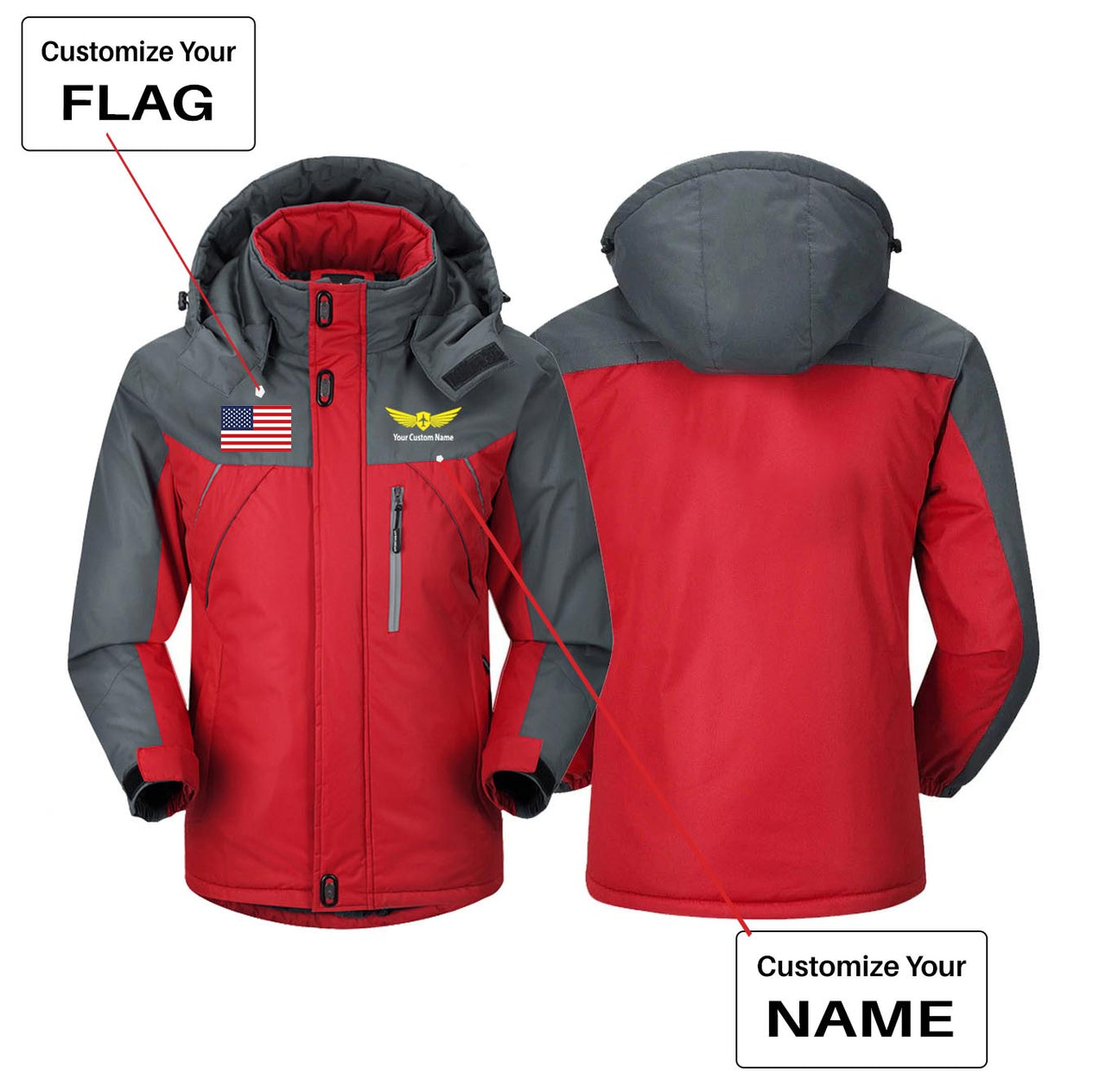 Custom Flag & Name with "Badge 2" Designed Thick Winter Jackets