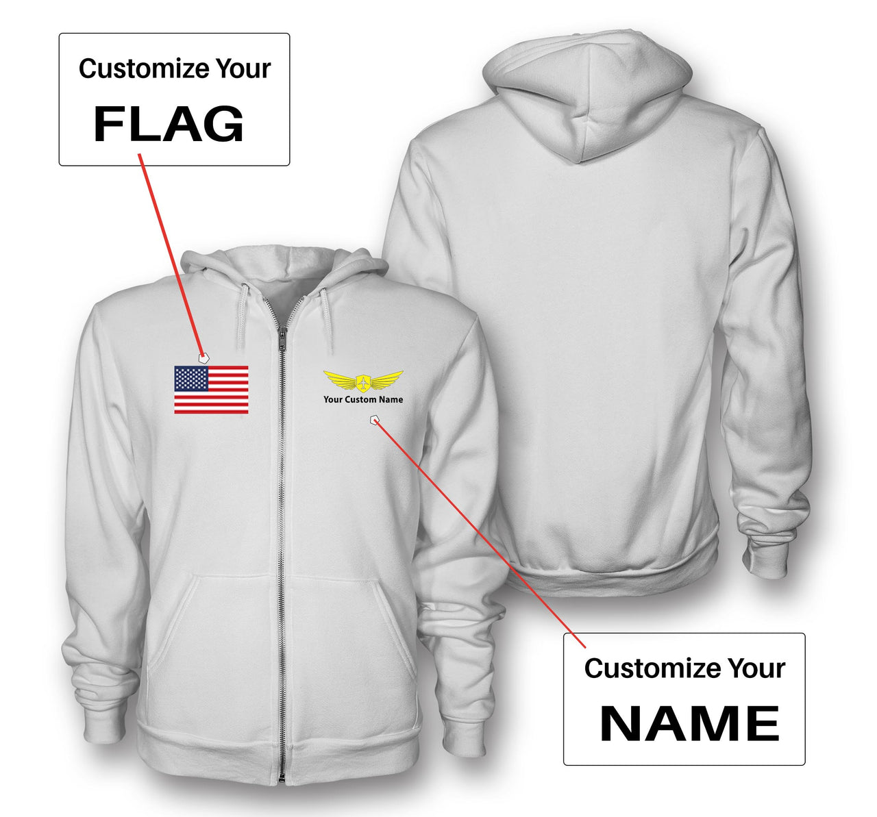 Custom Flag & Name with "Badge 2" Designed Zipped Hoodies