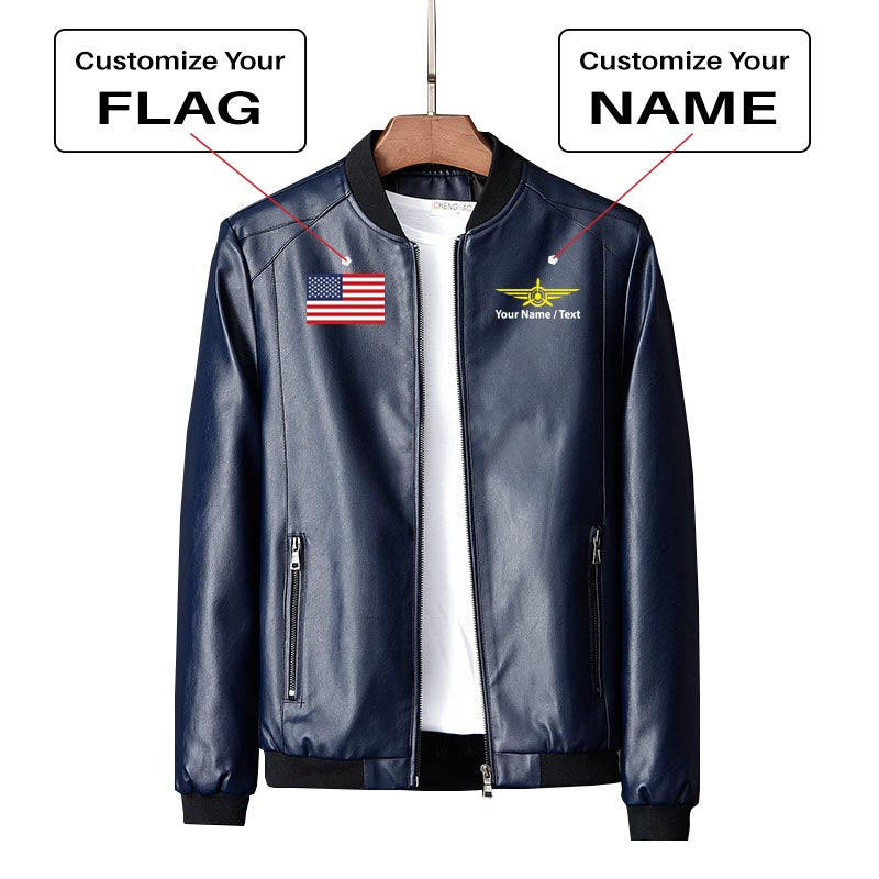 Custom Flag & Name with "Badge 3" Designed PU Leather Jackets