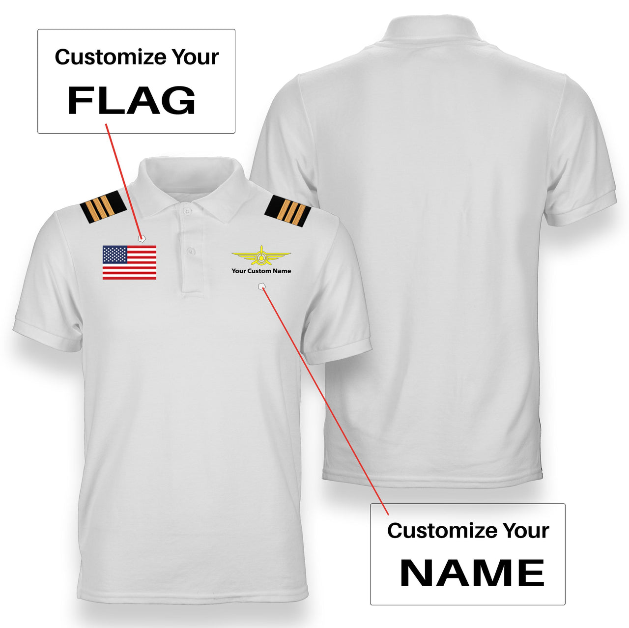 Custom Flag & Name (Badge 3) + Epaulettes Designed Polo T-Shirts