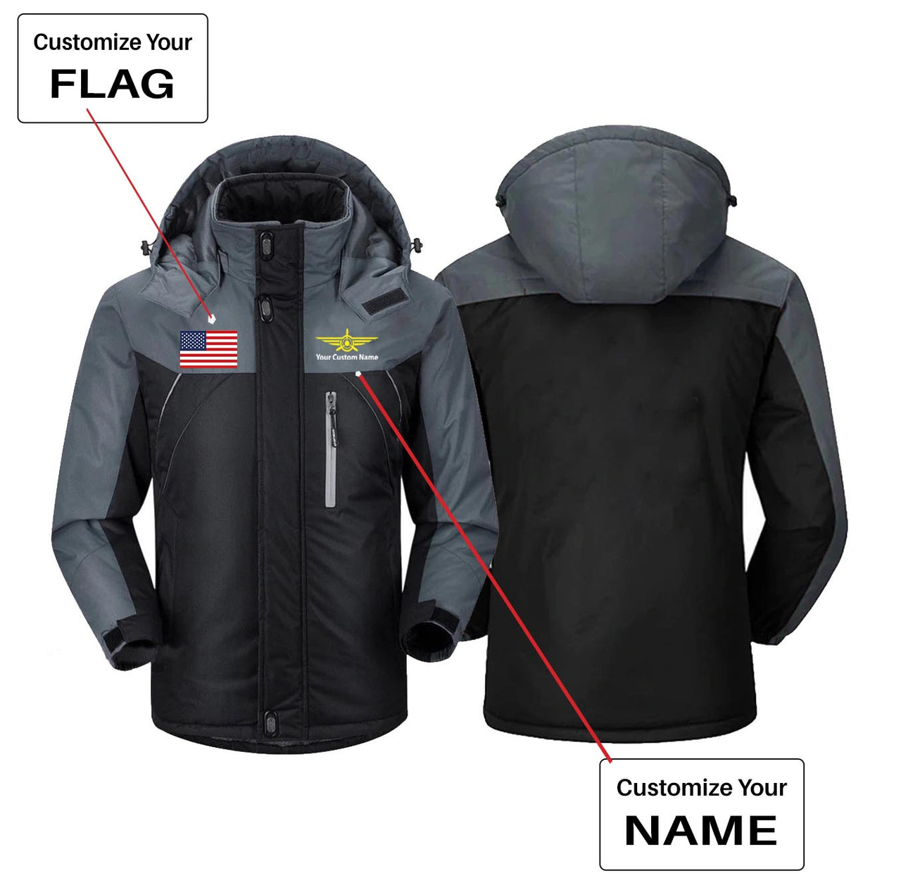 Custom Flag & Name with "Badge 3" Designed Thick Winter Jackets