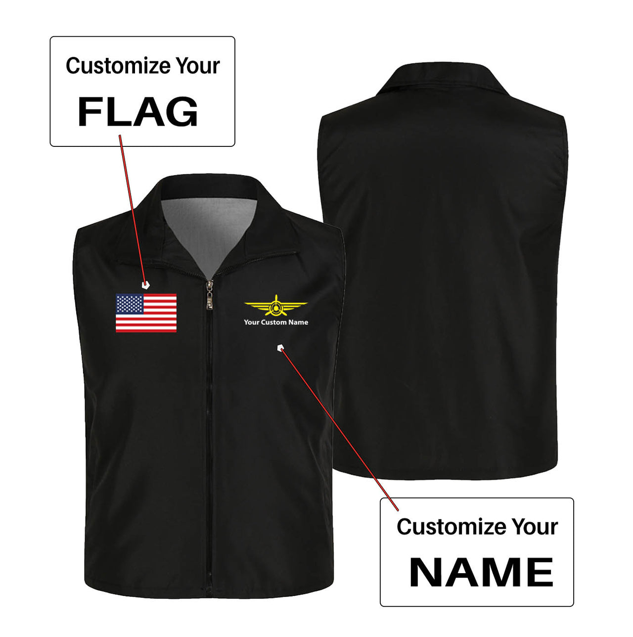 Custom Flag & Name with "Badge 3" Designed Thin Style Vests