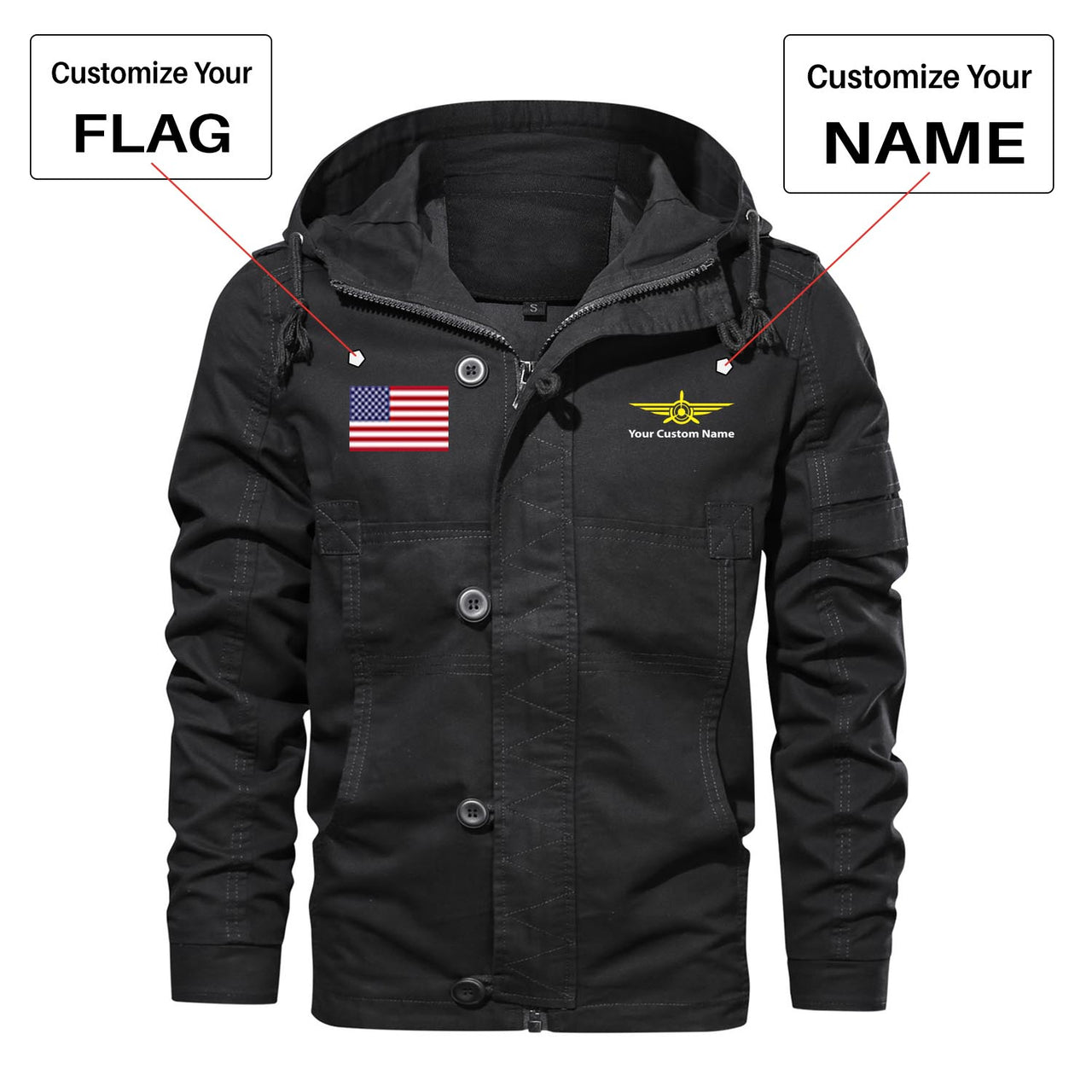 Custom Flag & Name "Badge 3" Designed Cotton Jackets