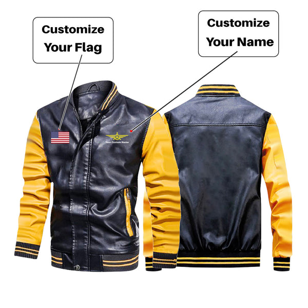 Custom Flag & Name "Badge 3" Stylish Leather Bomber Jackets