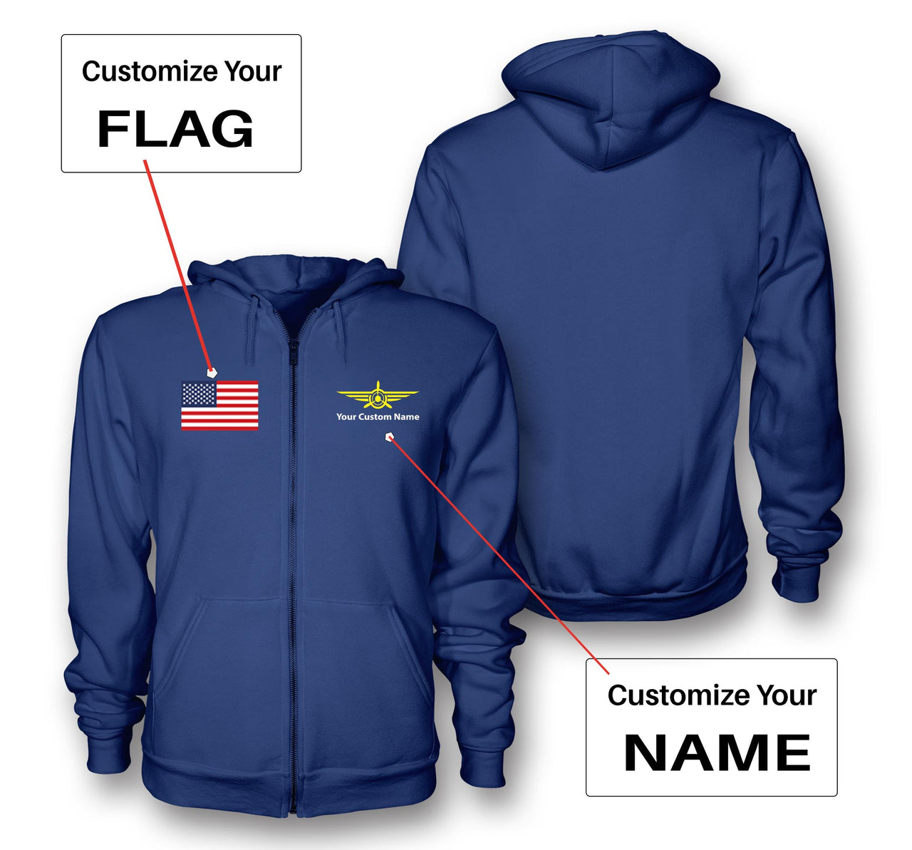 Custom Flag & Name with "Badge 3" Designed Zipped Hoodies