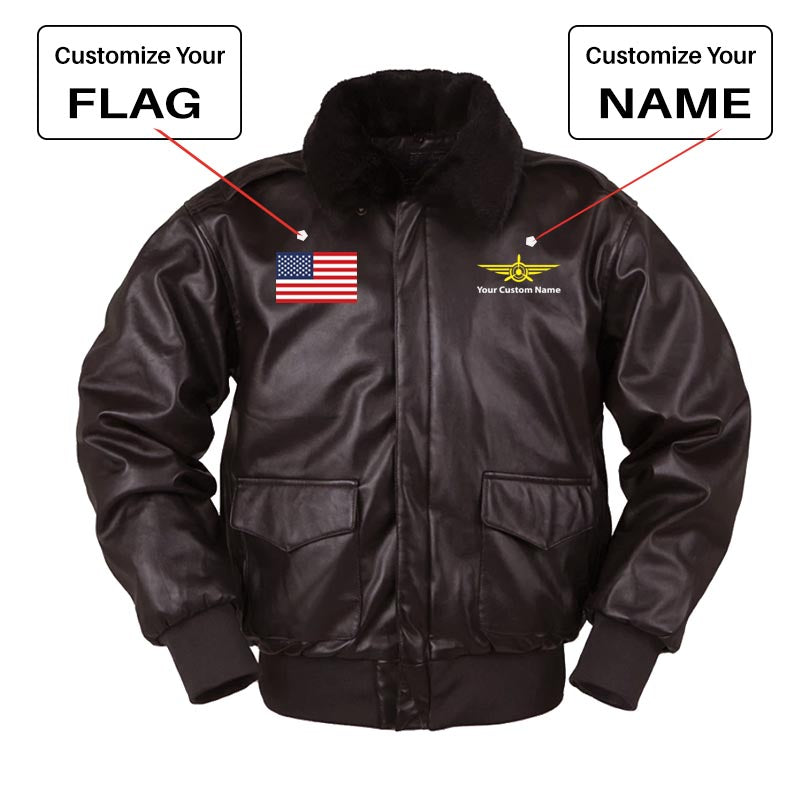 Custom Flag & Name with "Badge 3" Designed Leather Bomber Jackets